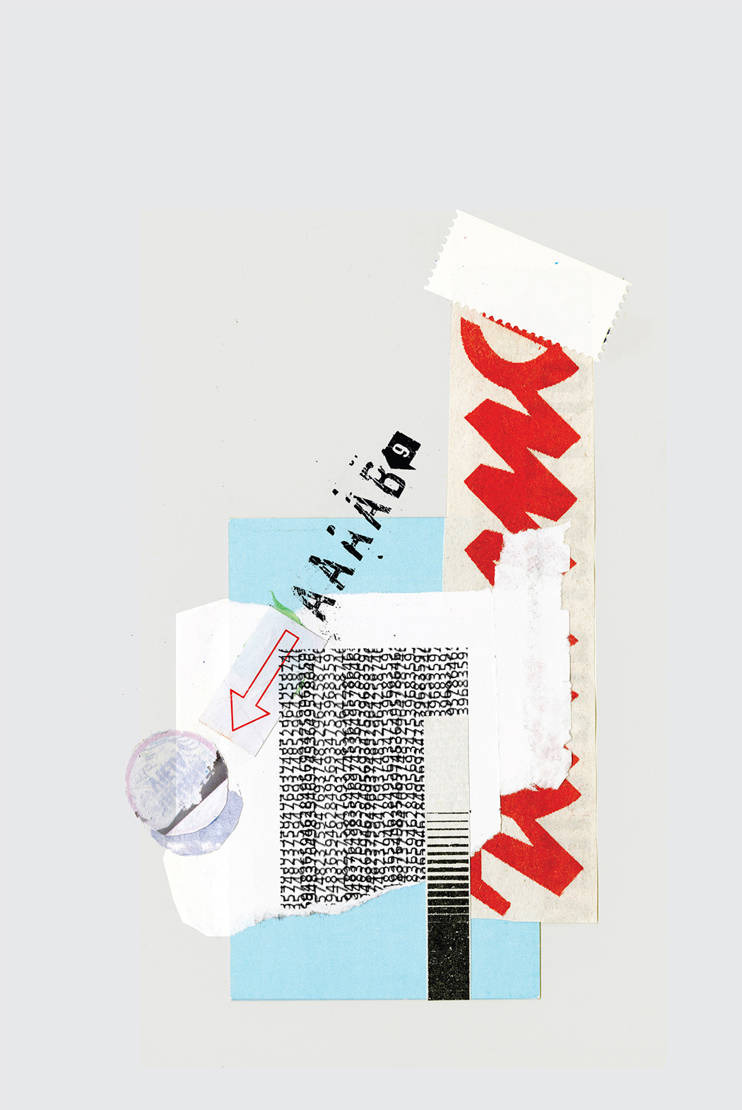 a collage on a gray field with some typogrpahy and an arrow