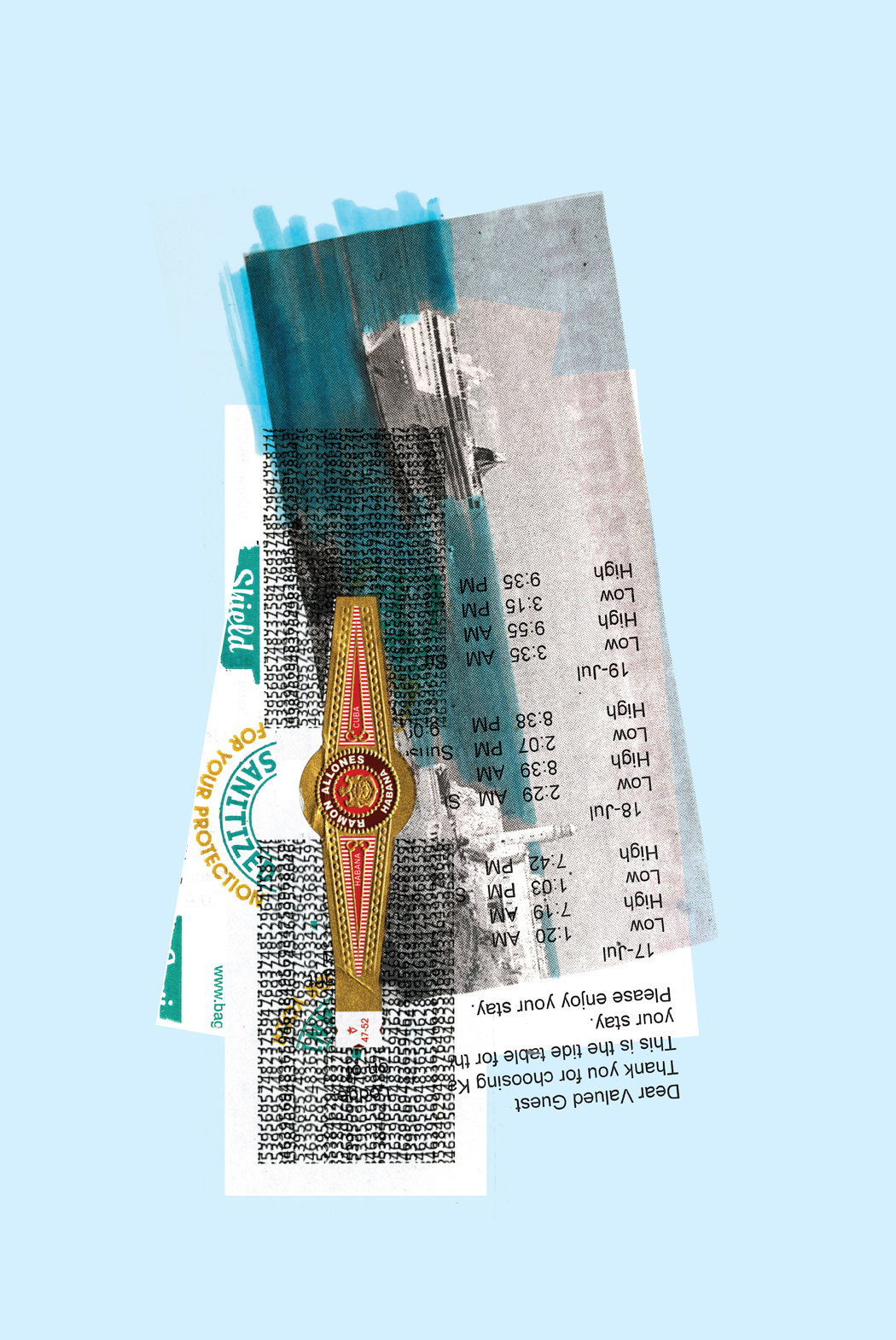 a collage on a pale blue field featuring a piece of cigar packaging