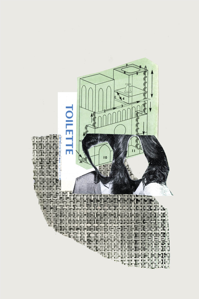 a collage on a gray field with a faceless couple, a cathedral layout, and the word toilette