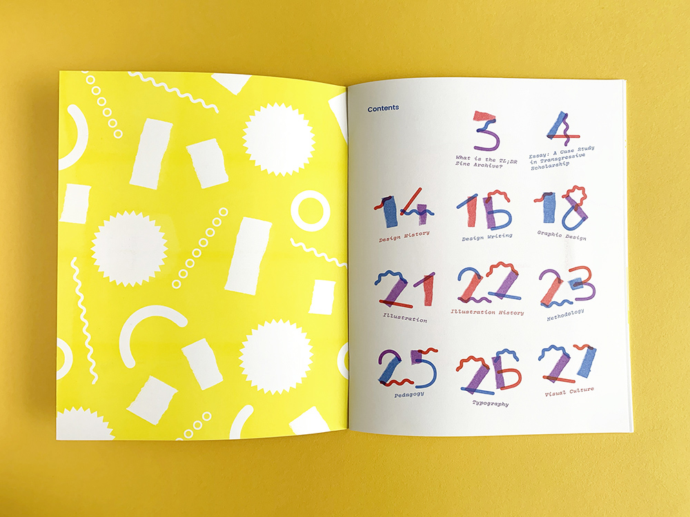 interior spread with yellow endpapers and a table of contents